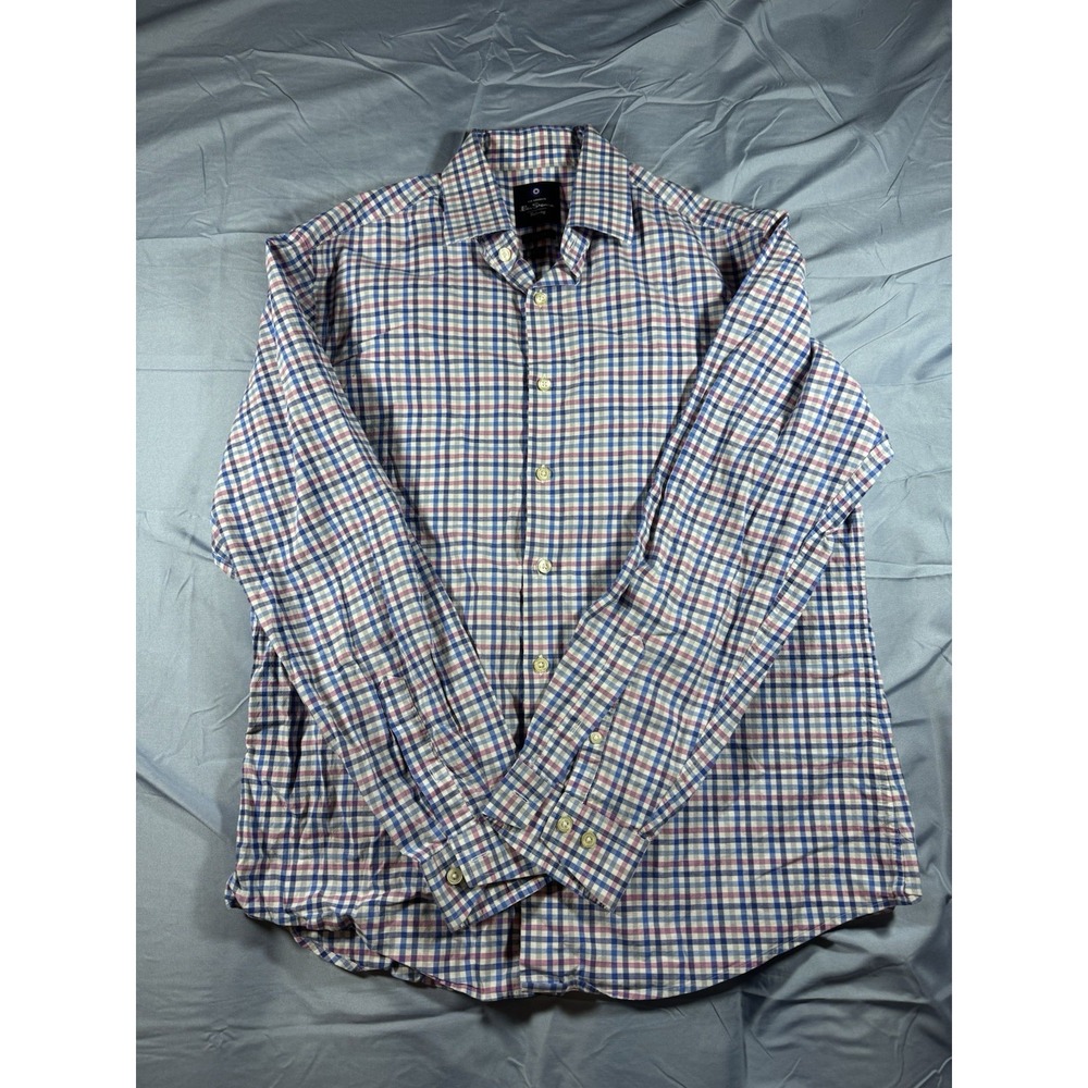 Ben Sherman Men's Blue & Pink Checkered Long Sleeve Button Up Shirt Size Large